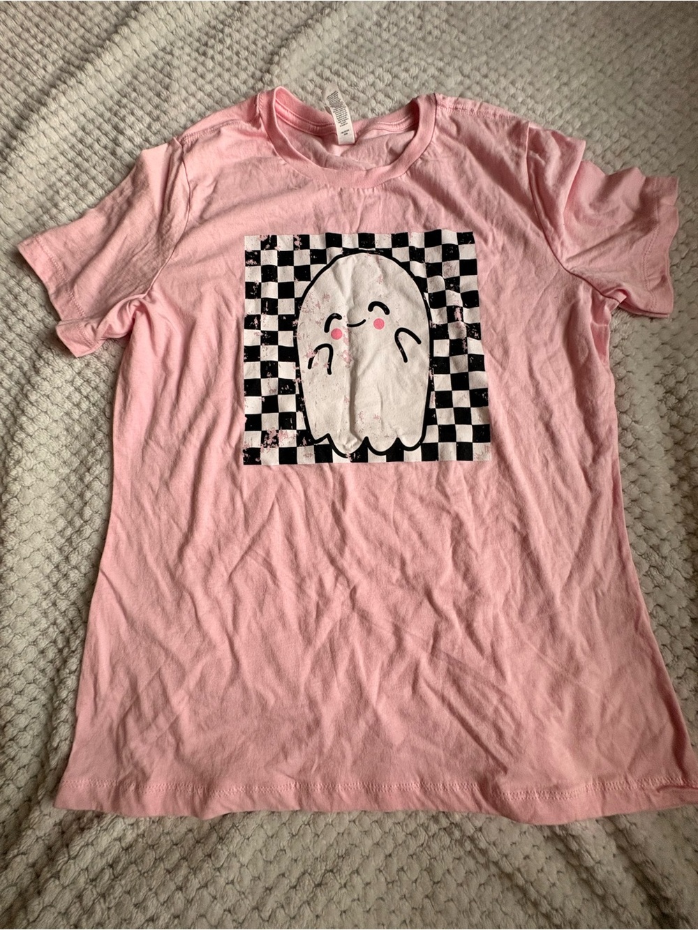 Bella Canvas Pink Tee with Ghost & Checkerboard Graphic